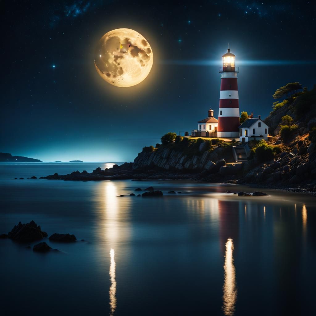Moonlit Lighthouse Over Tranquil Bay