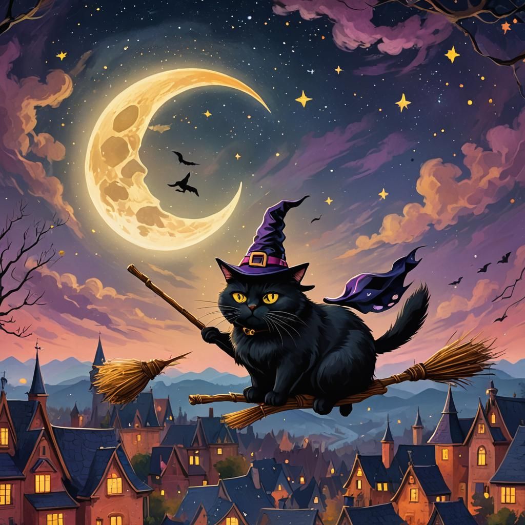 Fat Black Cat Witch Rides Broom in Digital Art