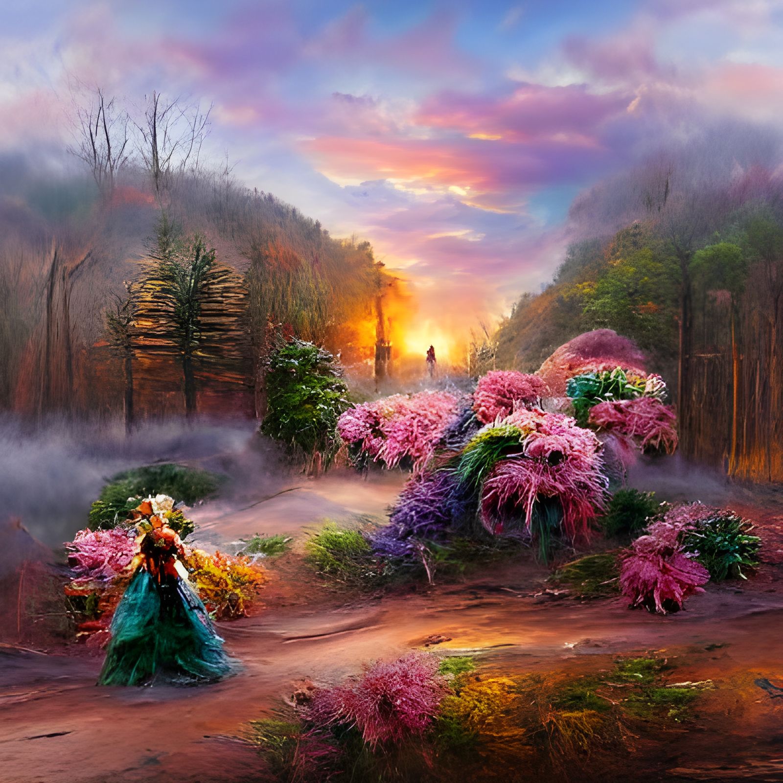 Ethereal Woman in Colorful Forest at Sunset