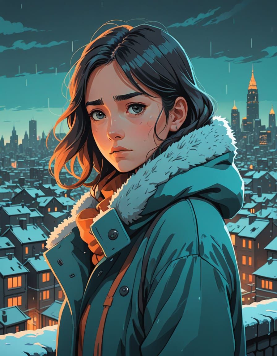 Girl in Winter Clothes with Sour Expression, Art Deco Citysc...