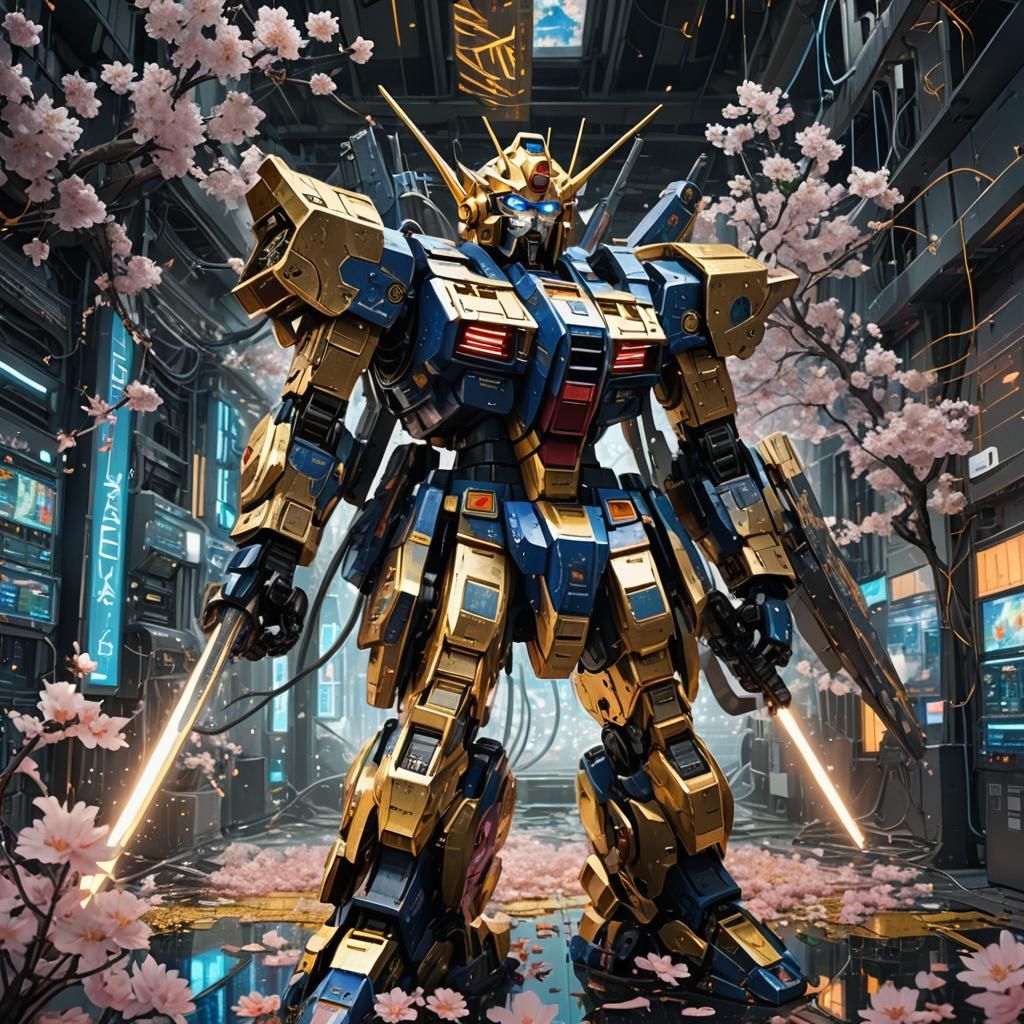 Gundam Robot Slices Server in Klimt-Inspired Sci-Fi Art