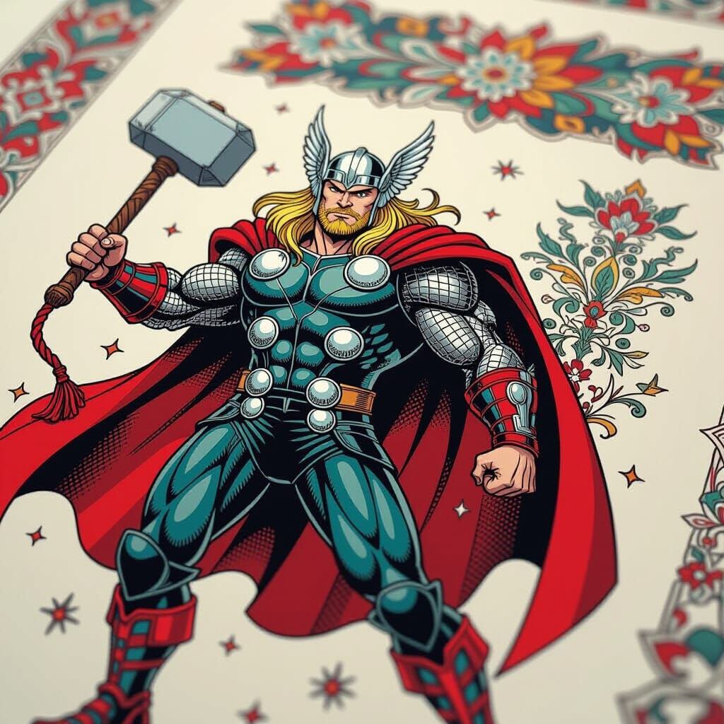 Thor Action Figures Tattoo Sheet in Comic Book Style