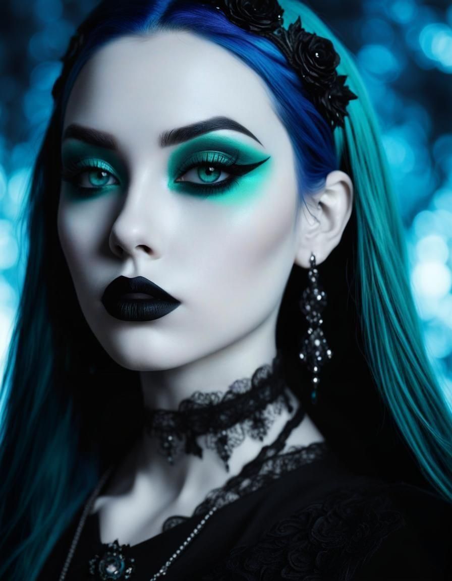 Beautiful gothic young lady with long teal green hair with b...