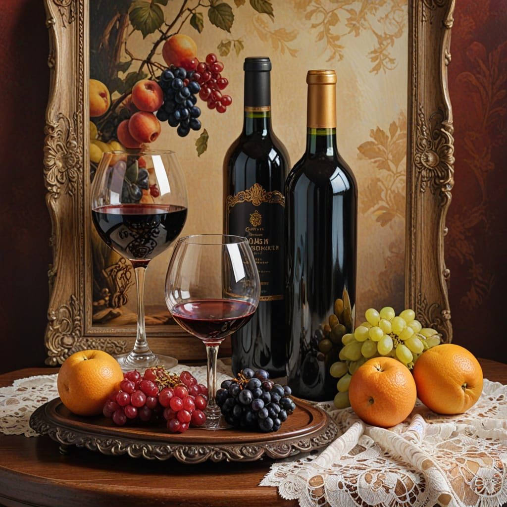 Elegant Wine Still Life Oil Painting in Art Nouveau Style