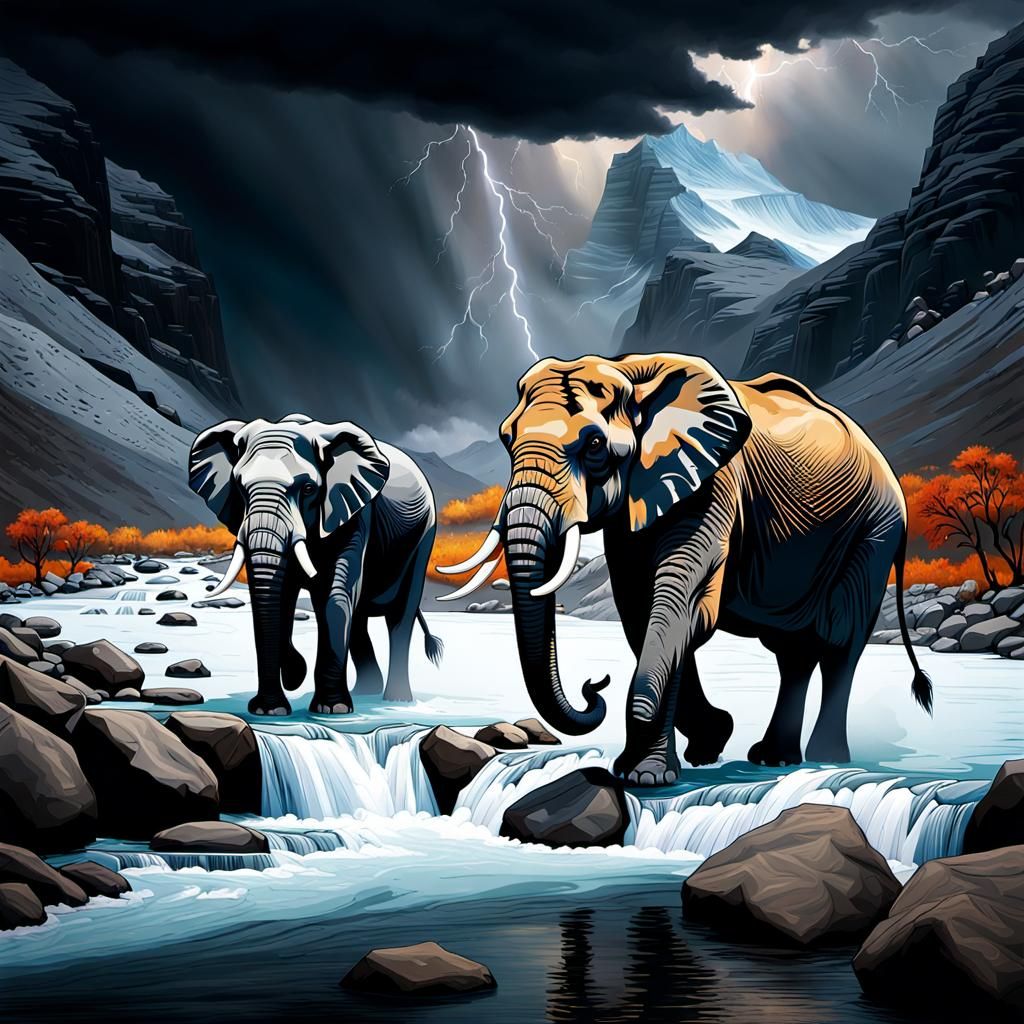 Elephants Crossing a Mountain Stream