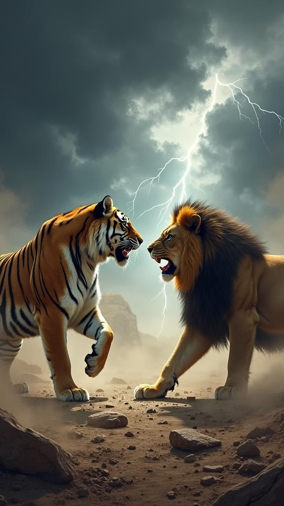 Tiger and Lion Confrontation in Frazetta Style