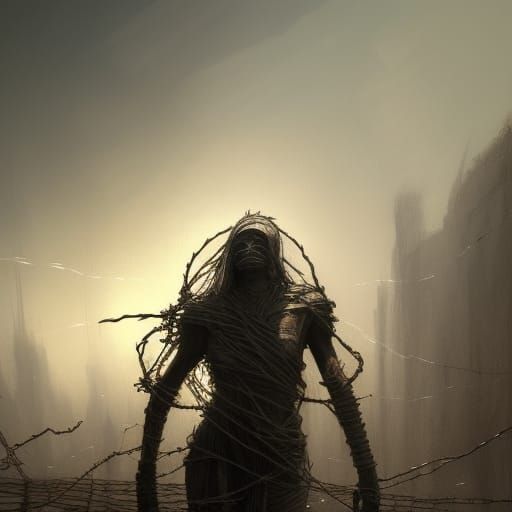 Mummified Figure in Barbed Wire: Dark Fantasy Art