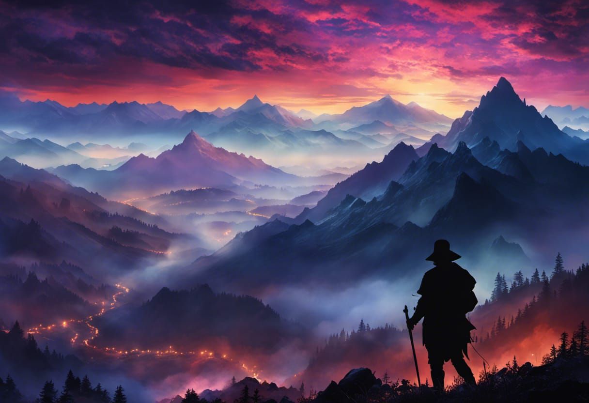 Epic Fantasy Silhouettes on Misty Mountain Ridge