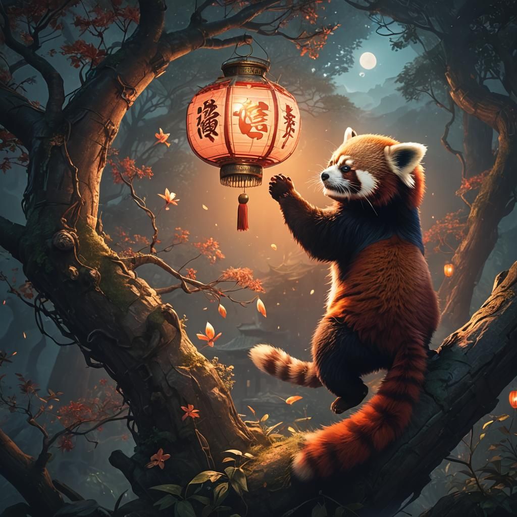 Red Panda with Lantern: Detailed Fantasy Concept Art
