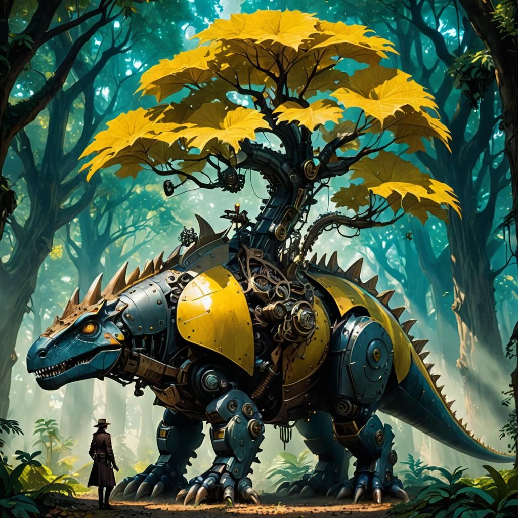 Steampunk Dinosaur Machine in Enchanted Forest