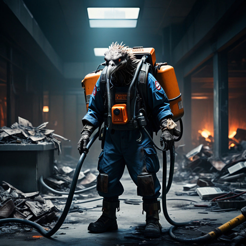 Bleeding Vulture Janitor Sweeps Up Bones and Dust in Ruined...