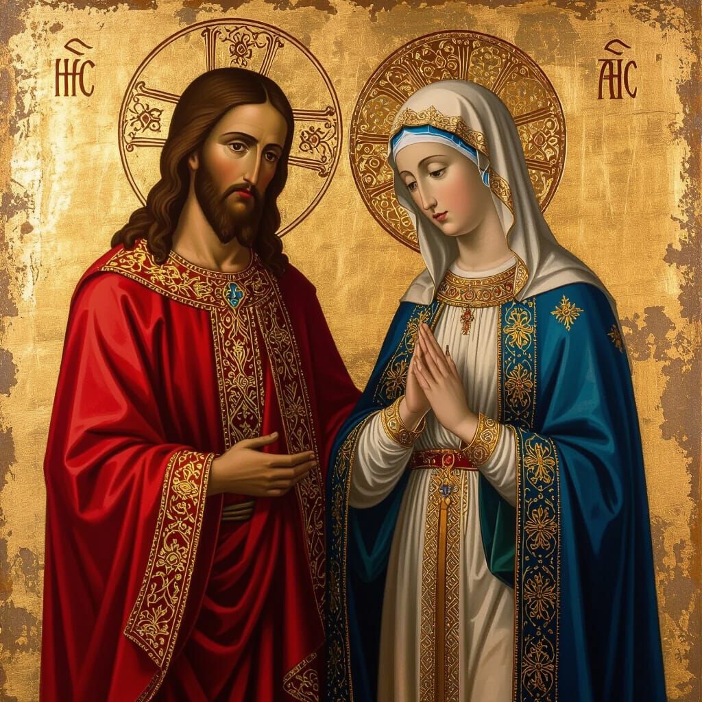Jesus and Mary in Byzantine Style with Gold Details