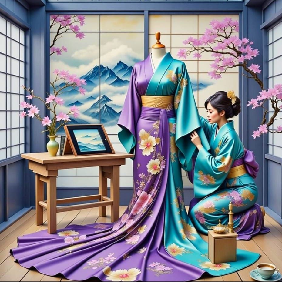 Japanese Seamstress Embroiders Vibrant Kimono in Traditional...