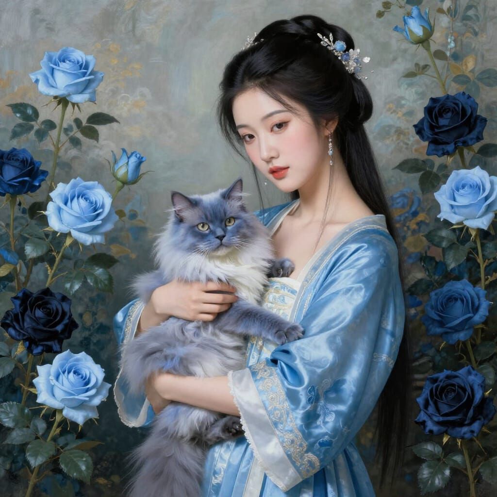 Rococo Painting: Woman in Blue with Gray-Blue Cat