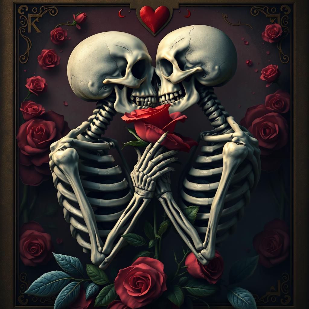Skeletons Kissing in Lovers Tarot Card Style