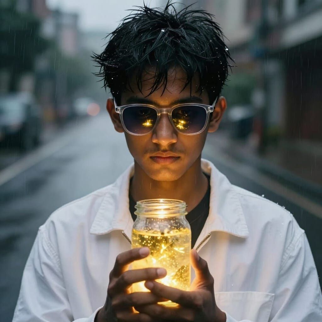 Cinematic Portrait of Boy with Firefly Jar in Rain