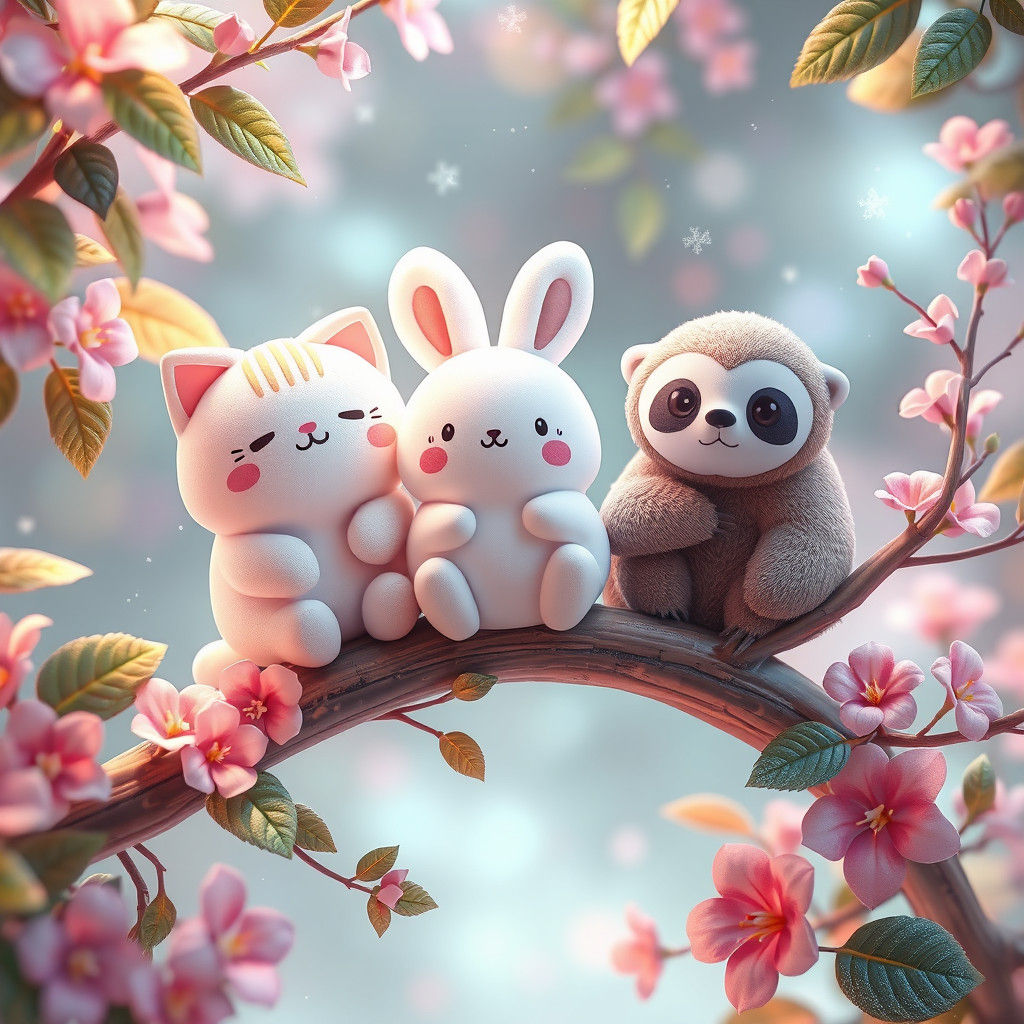 Squishmallow Friends on a Whimsical Branch in 3D Anime Style