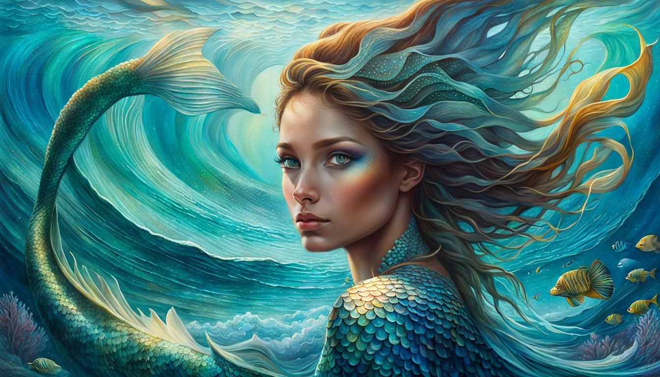Fantasy Mermaid Portrait with Ocean Waves