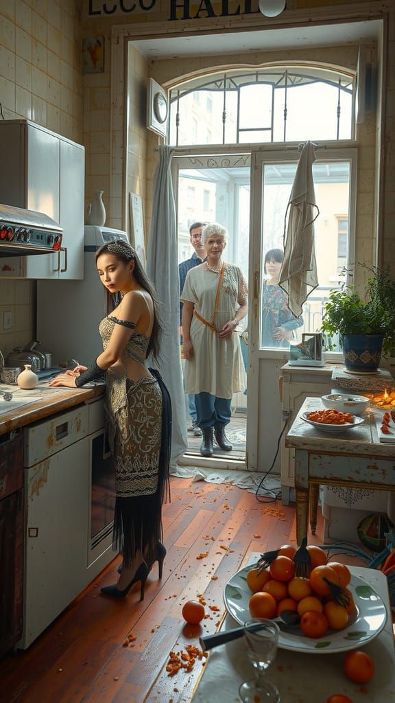 Mystical Woman in Abandoned Kitchen with Glowing Headpiece