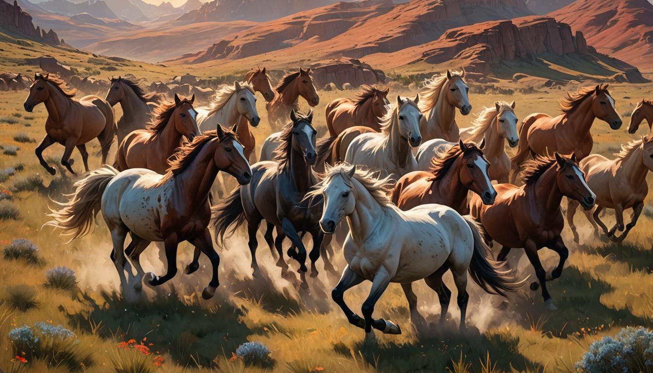 Wild Horses Gallop at Sunset: Digital Art