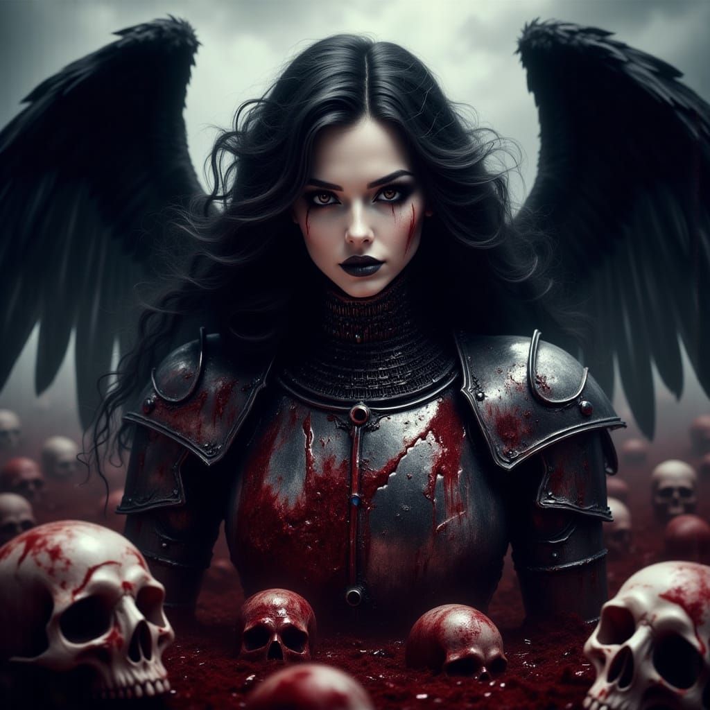 Female Angel with Black Wings in Knight Armor