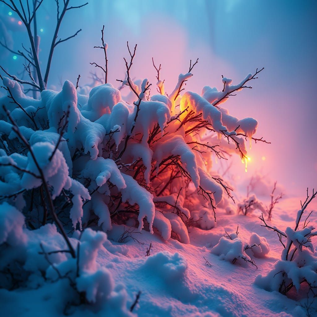 Eerie Glowing Lights over Snow, Hyperrealistic Splash Art