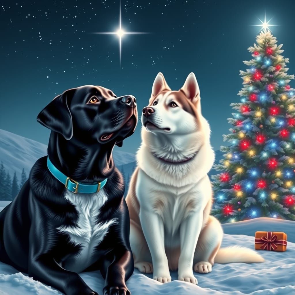 Dogs Gaze at Starry Night Near Christmas Tree