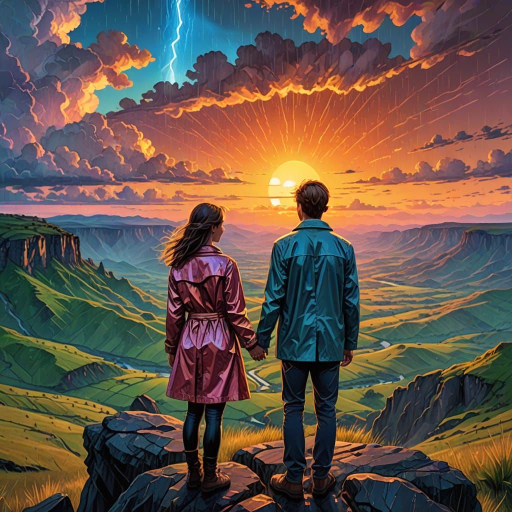 Couple in Love at Rainy Sunset on Mountain Cliff