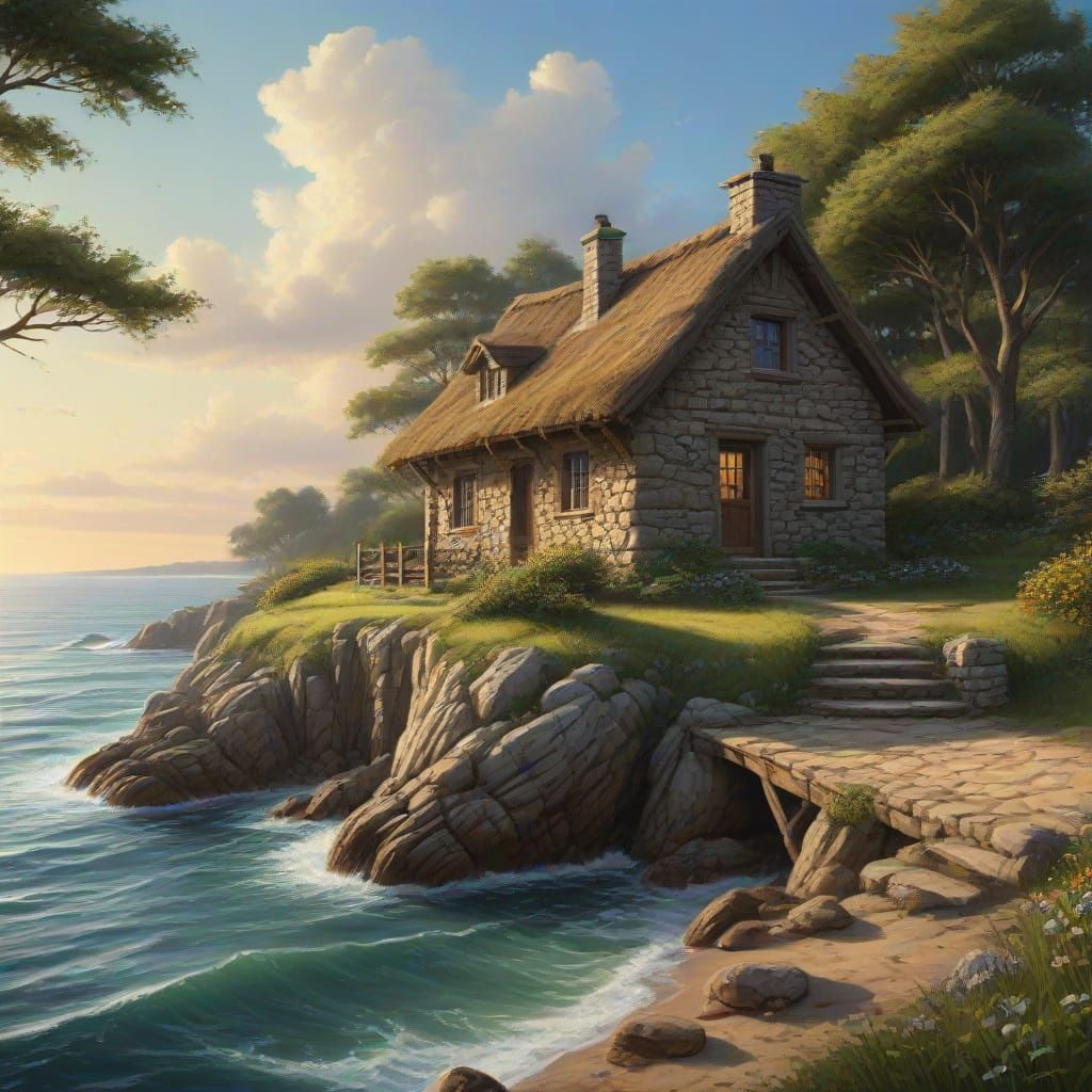 Stone and Wood Cottage at Dawn on a Scenic Promontory