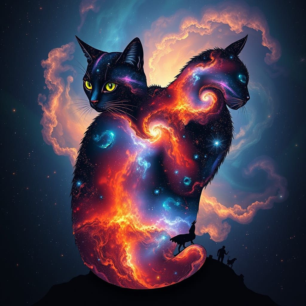 Surreal Cosmic Feline in Swirling Galactic Scenery