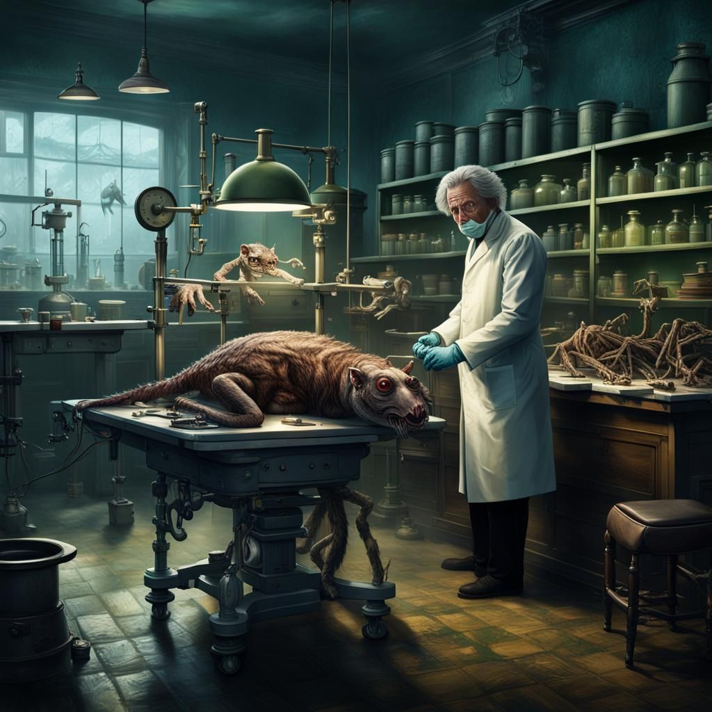 Victorian Scientist and Grotesque Creature in Laboratory