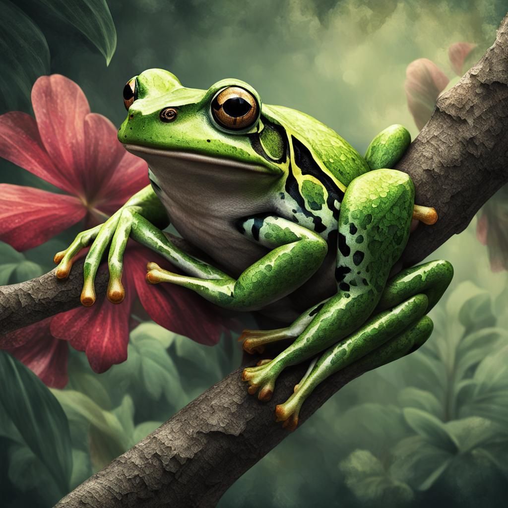 Green Frog in Tropical Setting: Vintage Digital Art