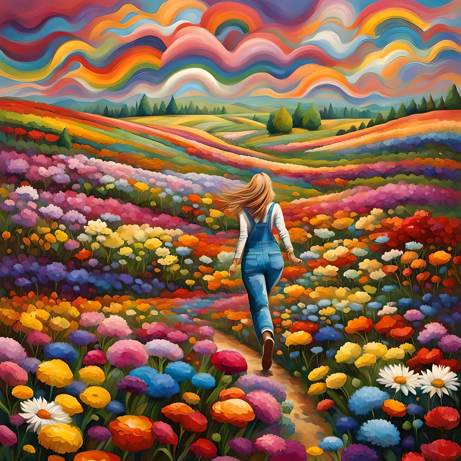 Rainbow Flower Fields Landscape with Woman