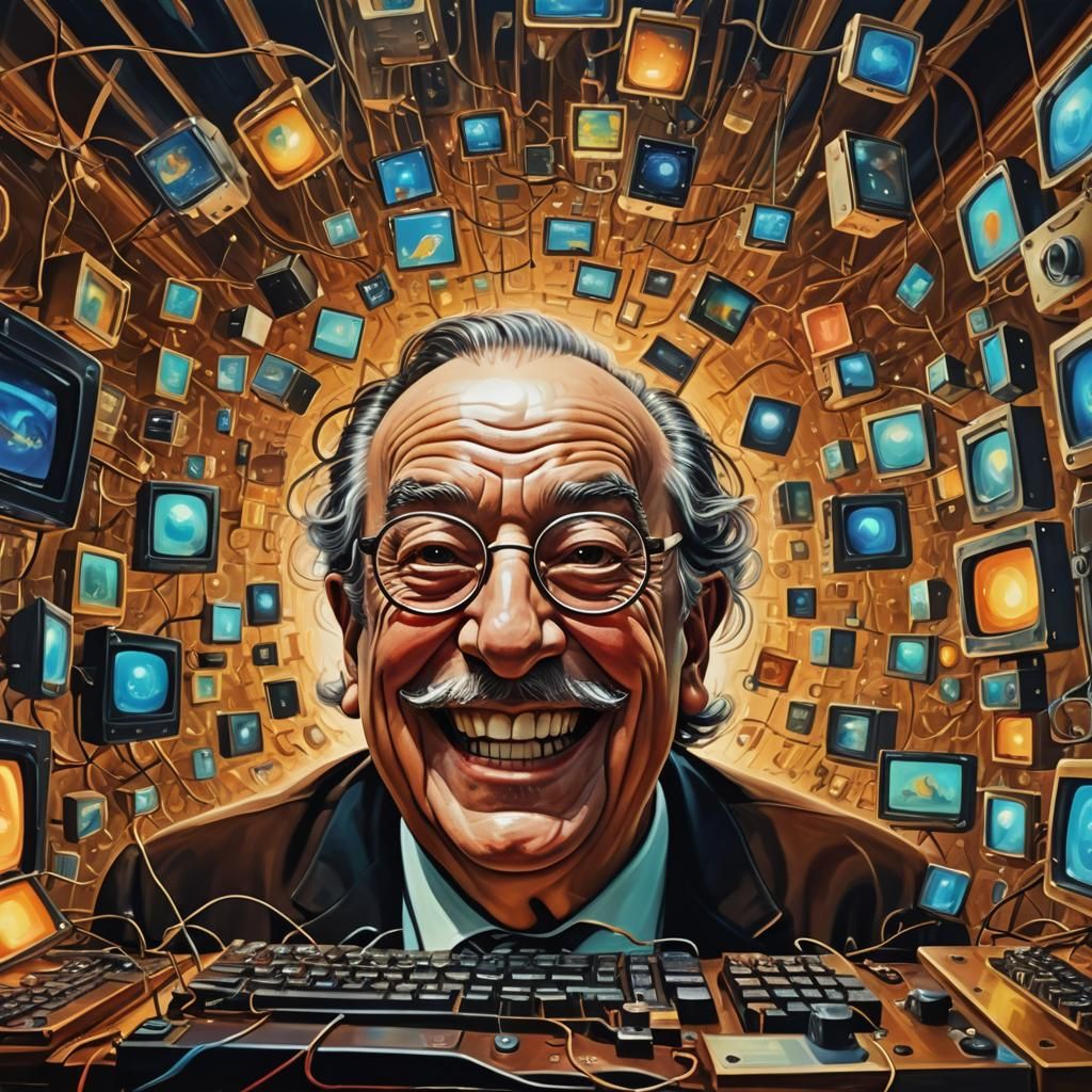 Surreal Old Man Surrounded by Floating Computers