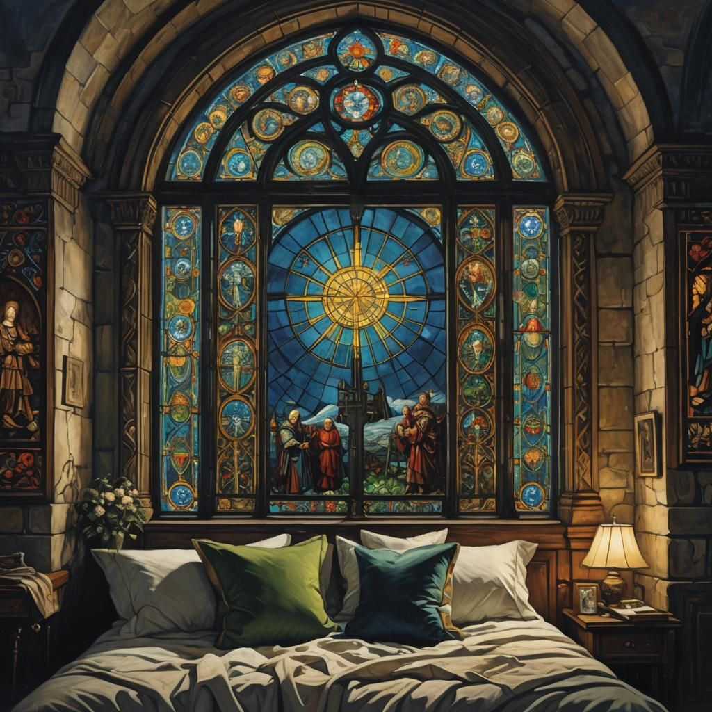 Mysterious Bedroom with Medieval Stained Glass Window