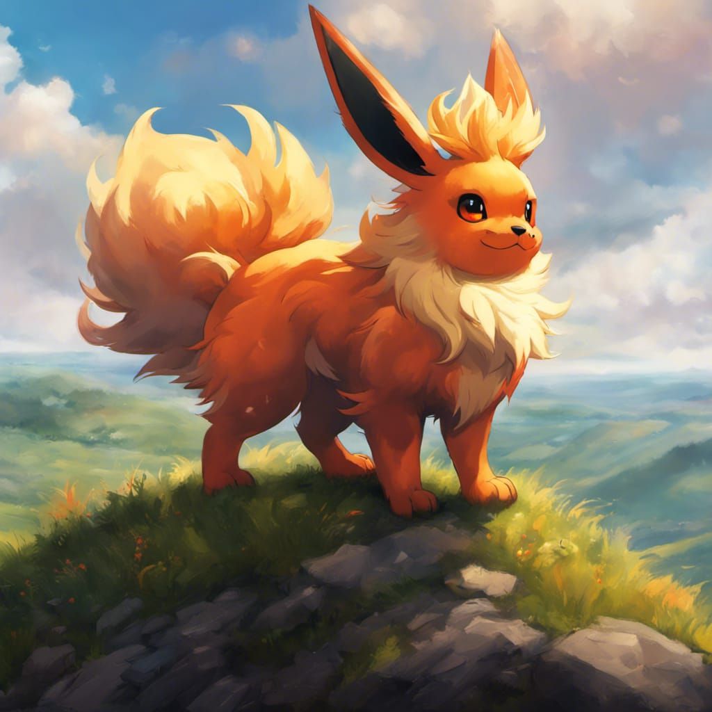 Flareon on Hilltop in Hyperrealistic Splash Art