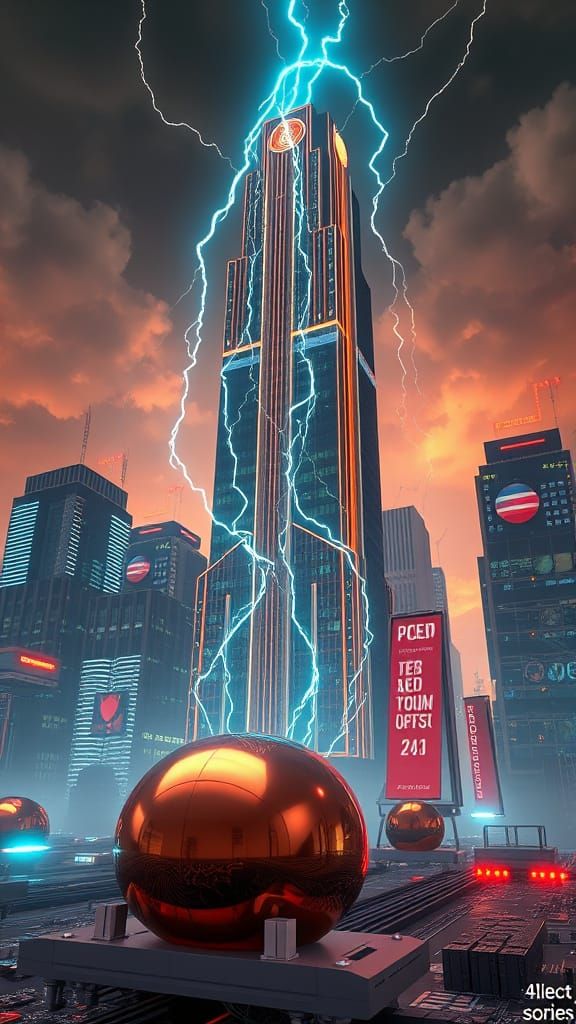 Art Deco CPU Skyscraper with Flowing Electricity