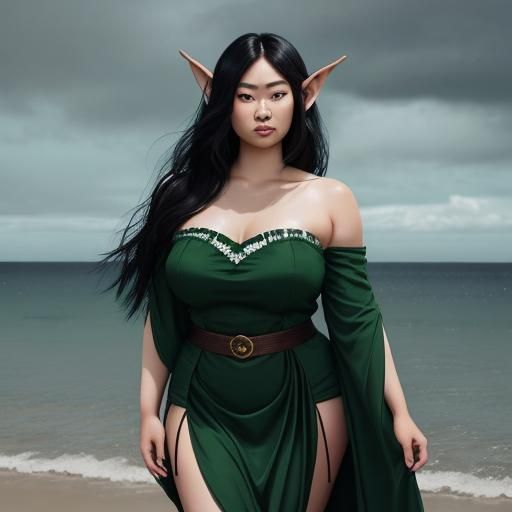 Beautiful Elf Woman on a Beach in Hyperrealistic Style