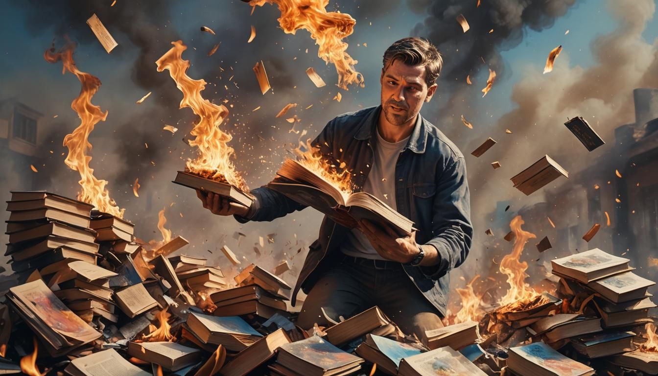 Hyperrealistic Man Burning Books Splash Art