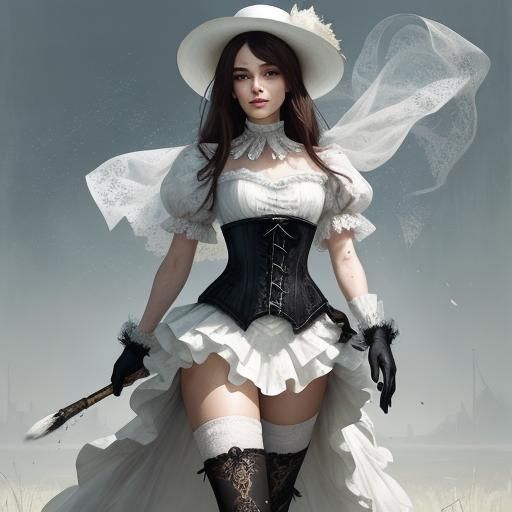 Brunette with White Hat in Black and White Speedpaint