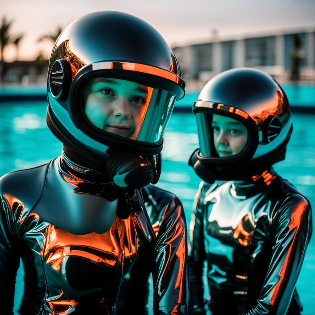 Girls in Reflective Scuba Gear in Futuristic Pool