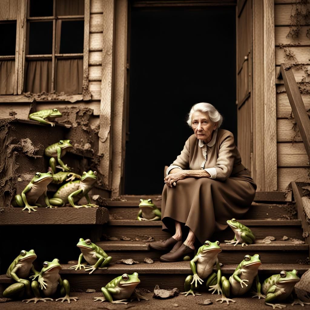 Vintage Photo of Woman Surrounded by Frogs
