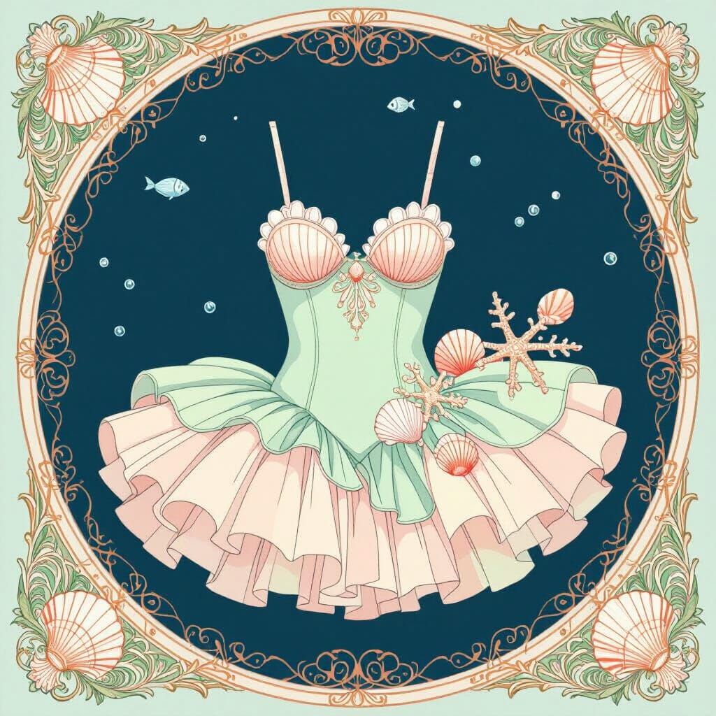 Pastel Sea Swimsuit with Seashells in Art Nouveau Style