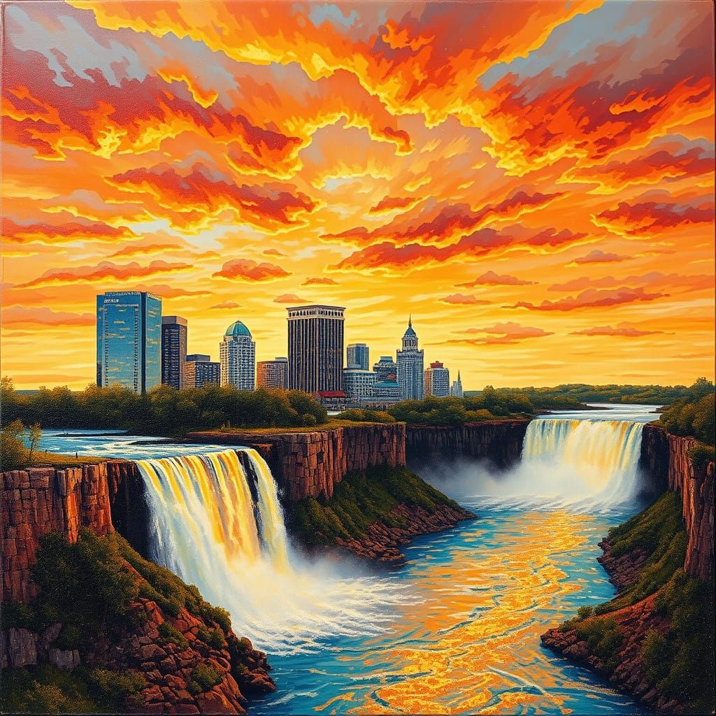 Glittering Pointillism Niagara Falls with Golden Texture
