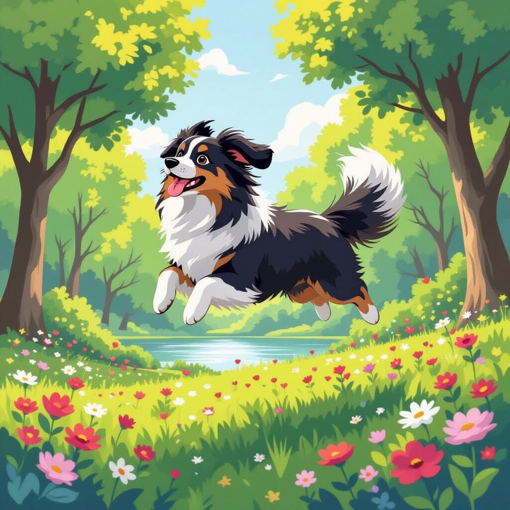 Dog Floats Above Park in Whimsical Style