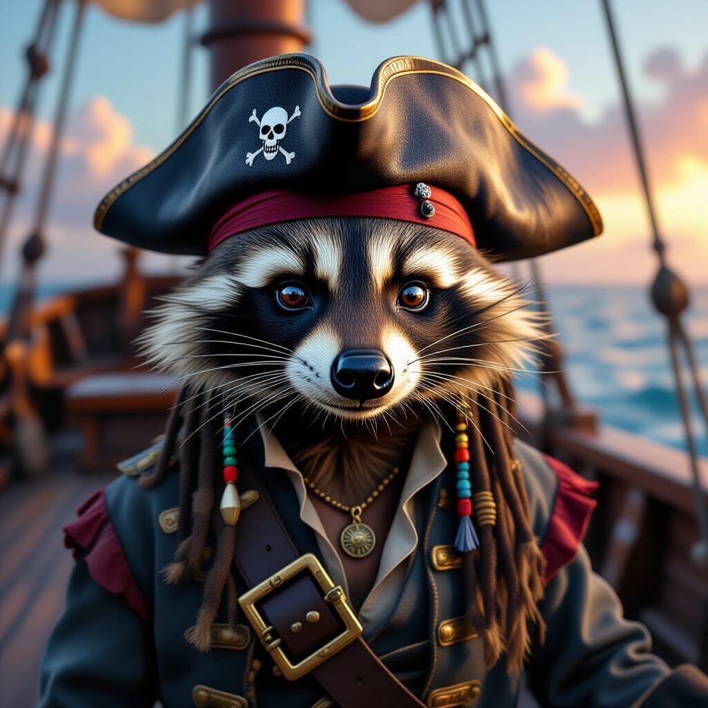 Raccoon as Pirate Captain in Hyperrealistic Splash Art