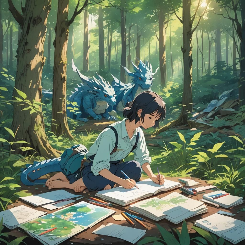 Anime Artist Drawing Dragons in Forest Glade
