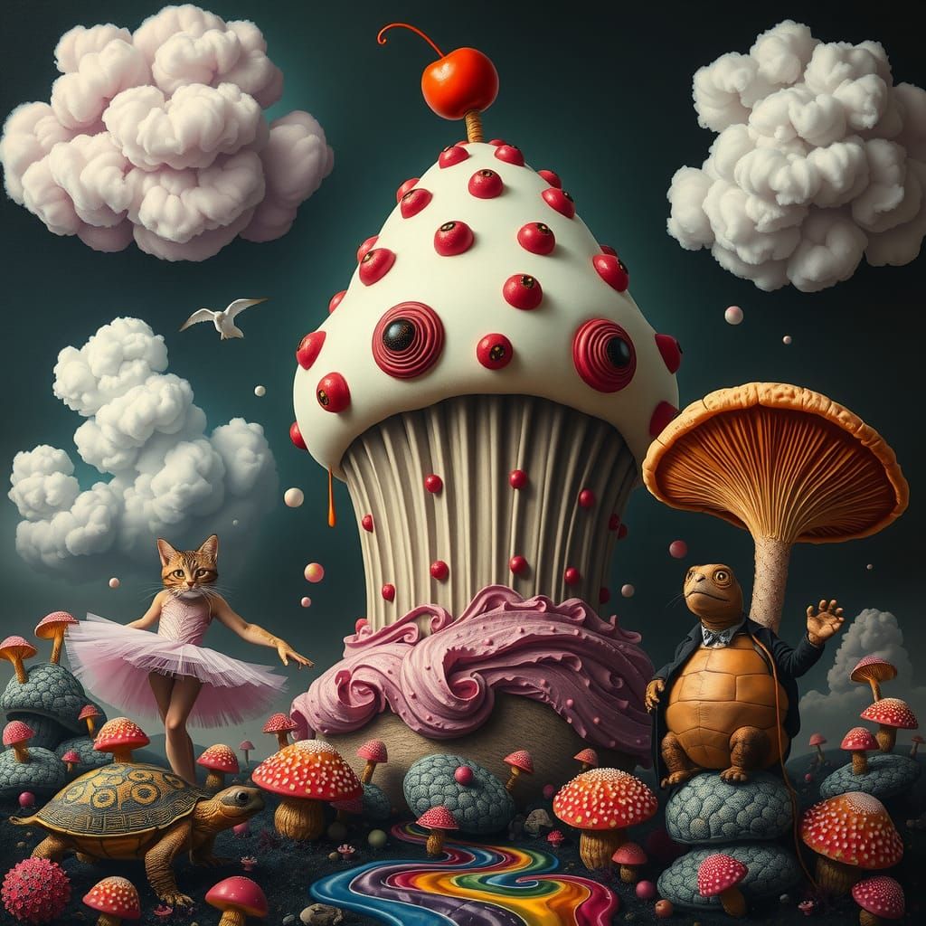 a playful, eerie twist on surrealism, a giant polka-dotted c...