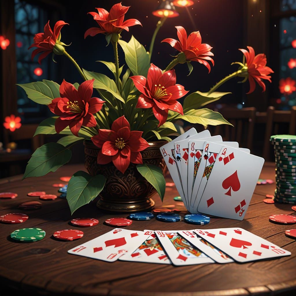 Sentient Poker Flowers Play Cards in Vibrant Digital Paintin...