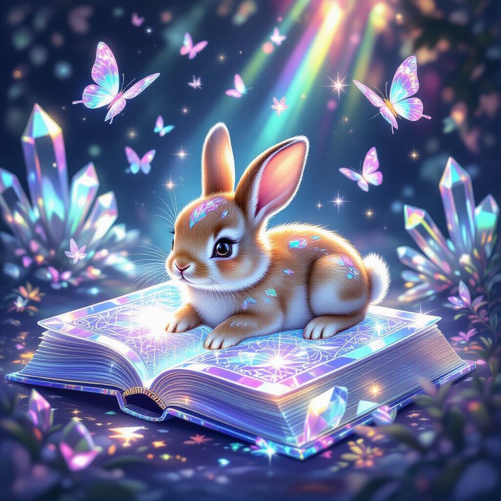 Enchanted Crystal Rabbit on Gemstone Book